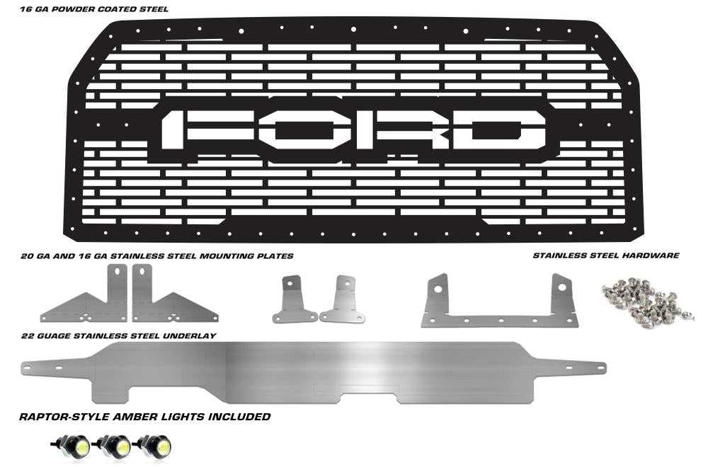 300 Industries, 1 Piece Grille with 3 Raptor Style Lights for Ford F150 2015-2017 - FORD w/ SS UNDERLAY