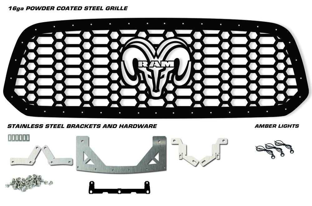 300 Industries, 1 Piece Steel Grille for Dodge Ram 1500 2013-2018 - RAM HEAD + 3 Raptor Amber Lights