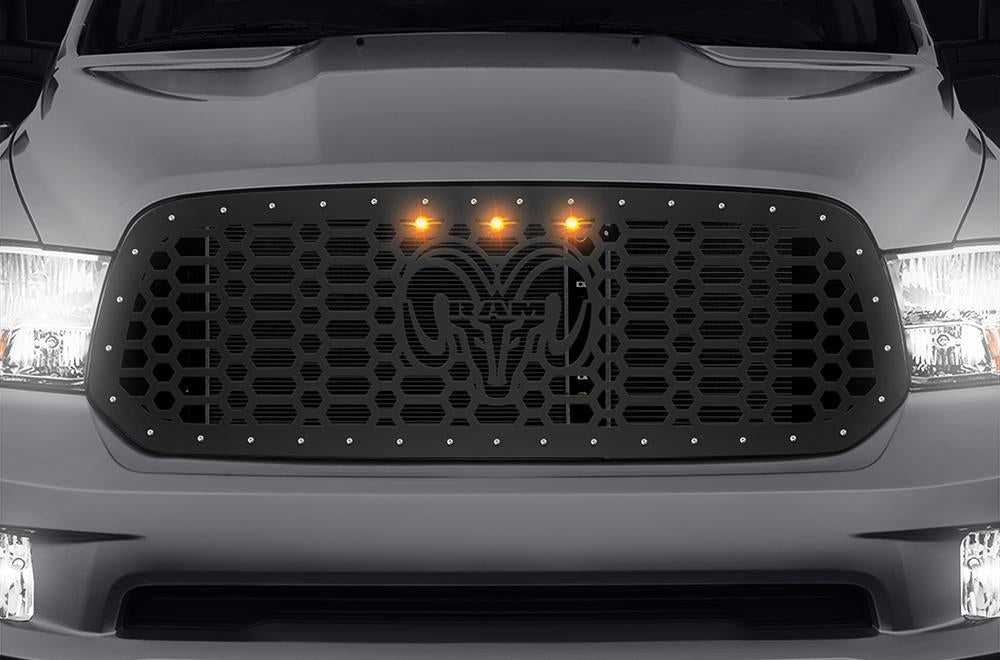 300 Industries, 1 Piece Steel Grille for Dodge Ram 1500 2013-2018 - RAM HEAD + 3 Raptor Amber Lights