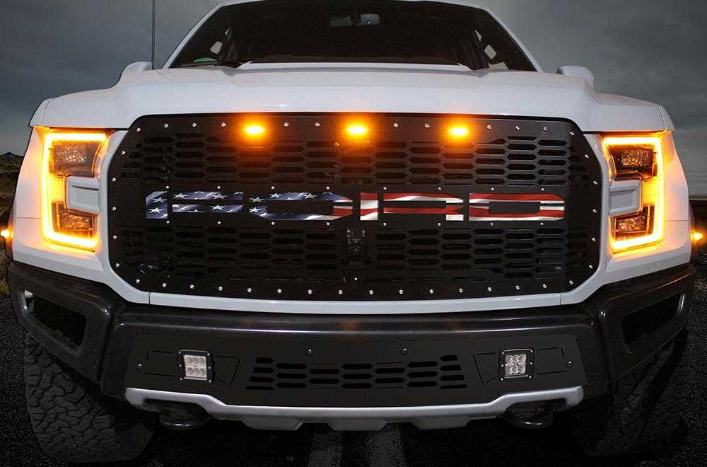 300 Industries, 1 Piece Steel Grille for Ford Raptor SVT 2017-2018 - FORD w/ AMERICAN FLAG UNDERLAY