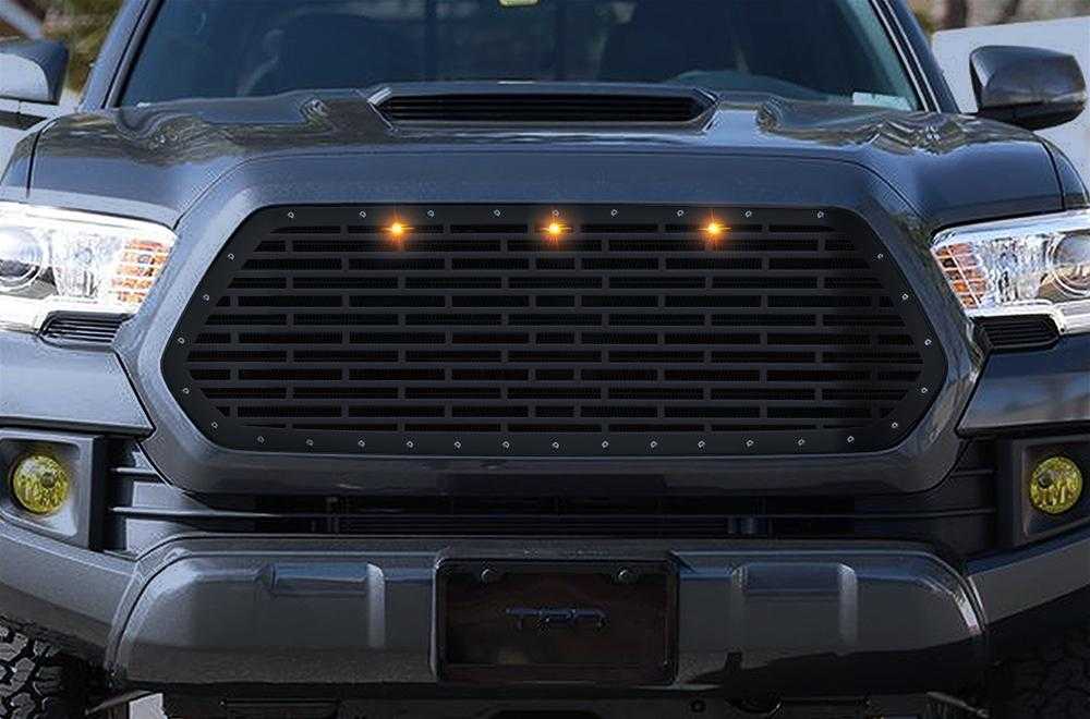 300 Industries, 1 Piece Steel Grille for Toyota Tacoma 2016-2017 - BRICKS w/ 3 AMBER RAPTOR LIGHTS