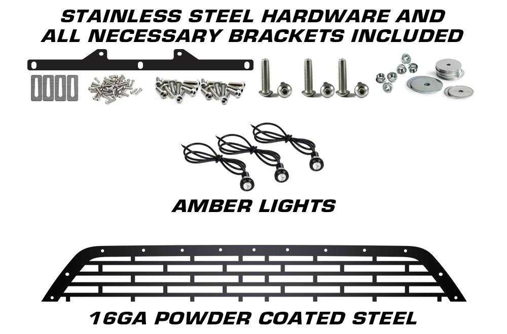 300 Industries, 1 Piece Steel Grille for Toyota Tacoma 2016-2017 - REBEL YELL w/ 3 AMBER RAPTOR LIGHTS