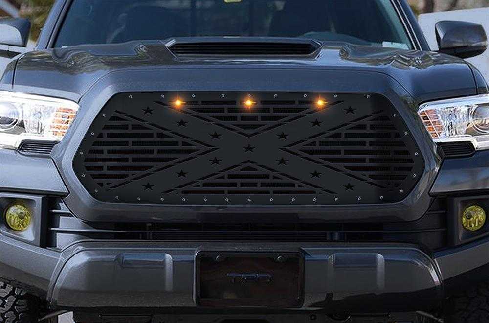 300 Industries, 1 Piece Steel Grille for Toyota Tacoma 2016-2017 - REBEL YELL w/ 3 AMBER RAPTOR LIGHTS